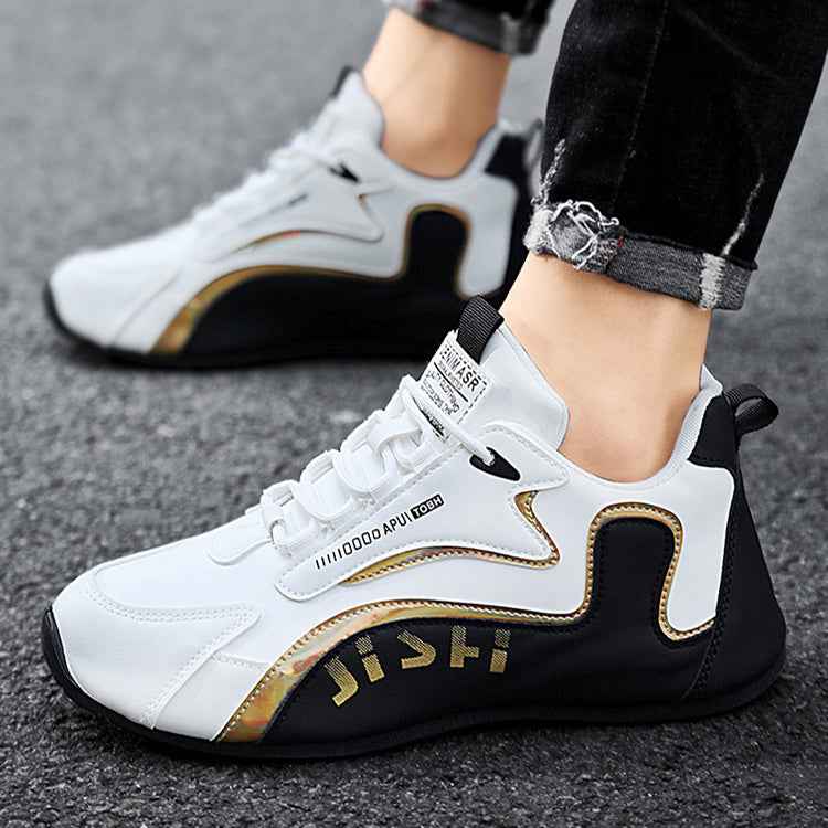 Trendy, breathable, colorblock high-top lace-up sneakers, dad shoe style.