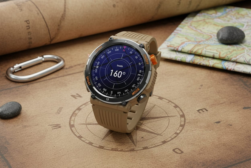 Relógio inteligente HT17 com chamadas Bluetooth e bússola.