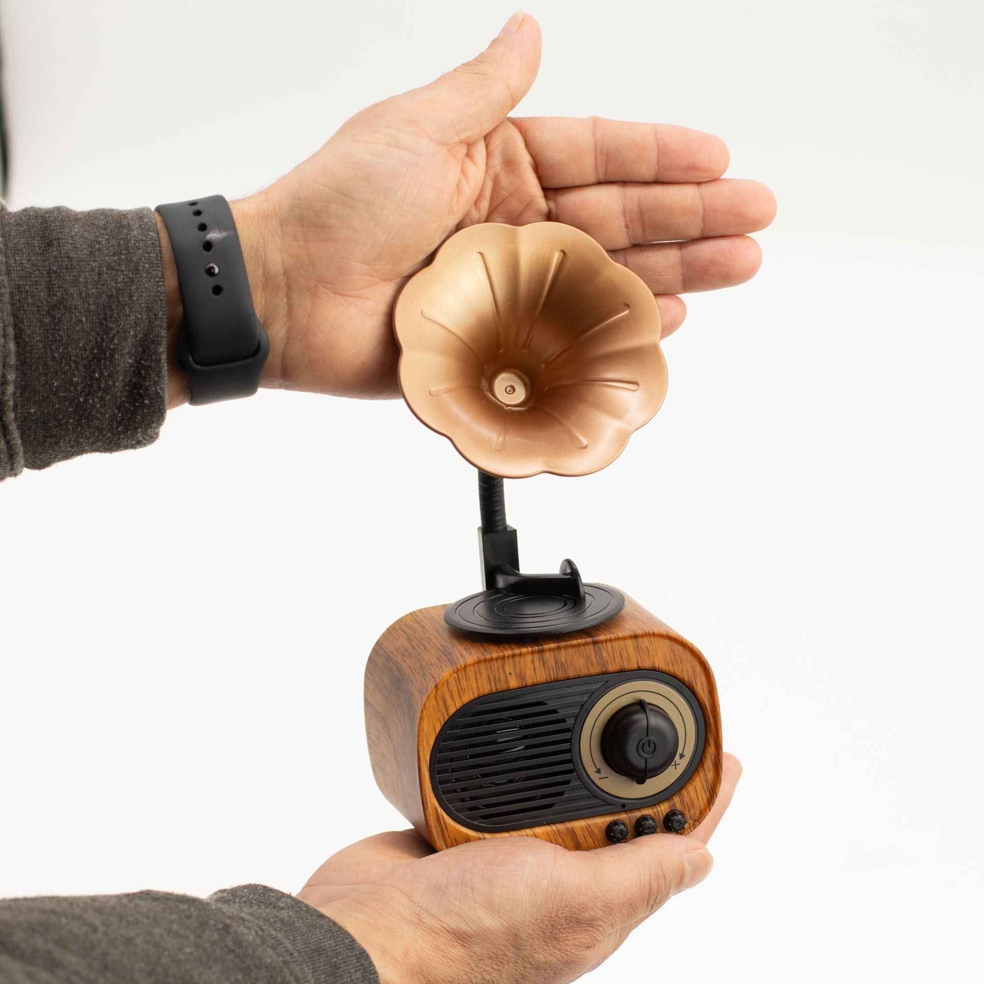 Mini coluna retro em formato de gramofone - Bluetooth e rádio FM - 5 watts x 1