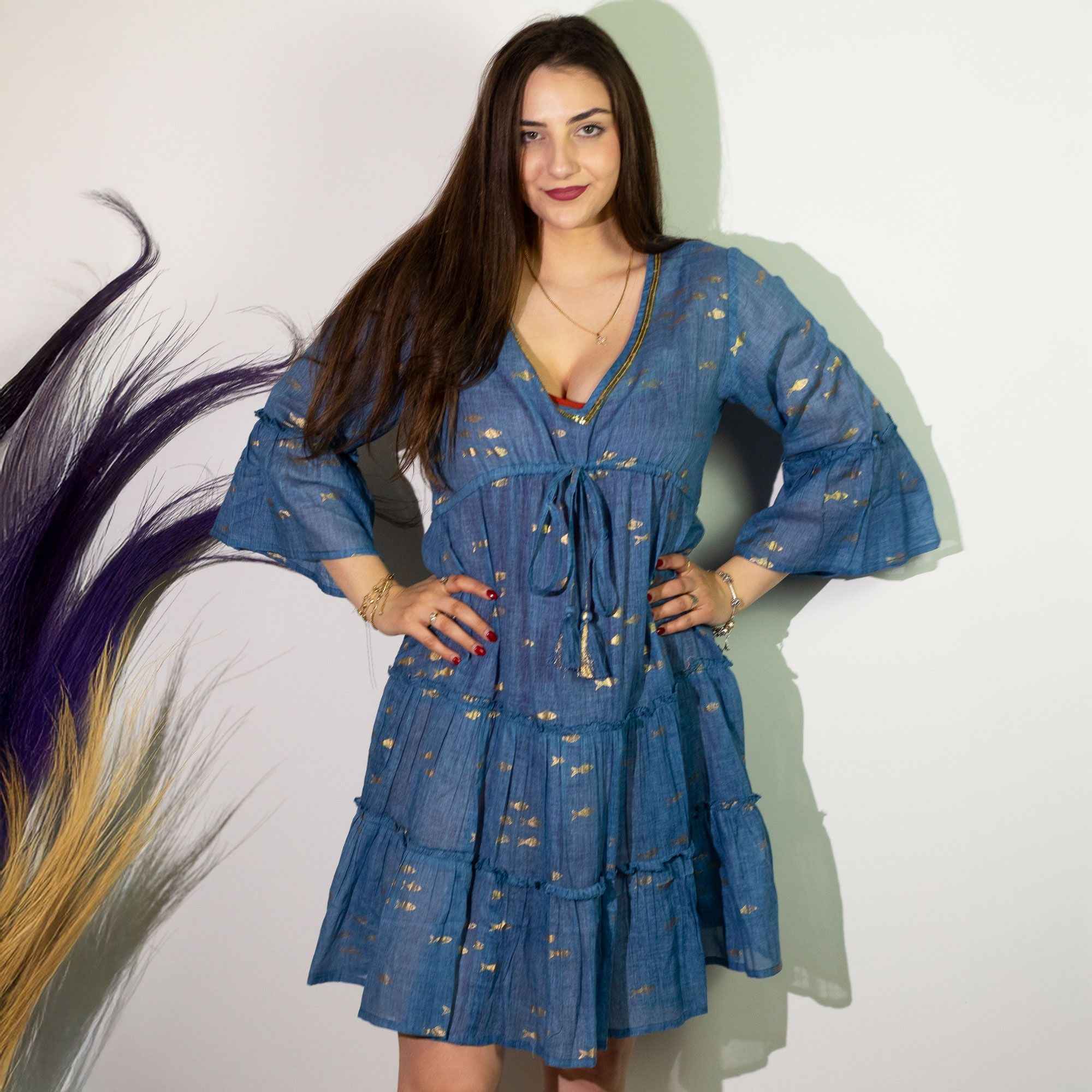 Vestido Nomad Sari Peixes Azul Dourado On the Med (M/G)