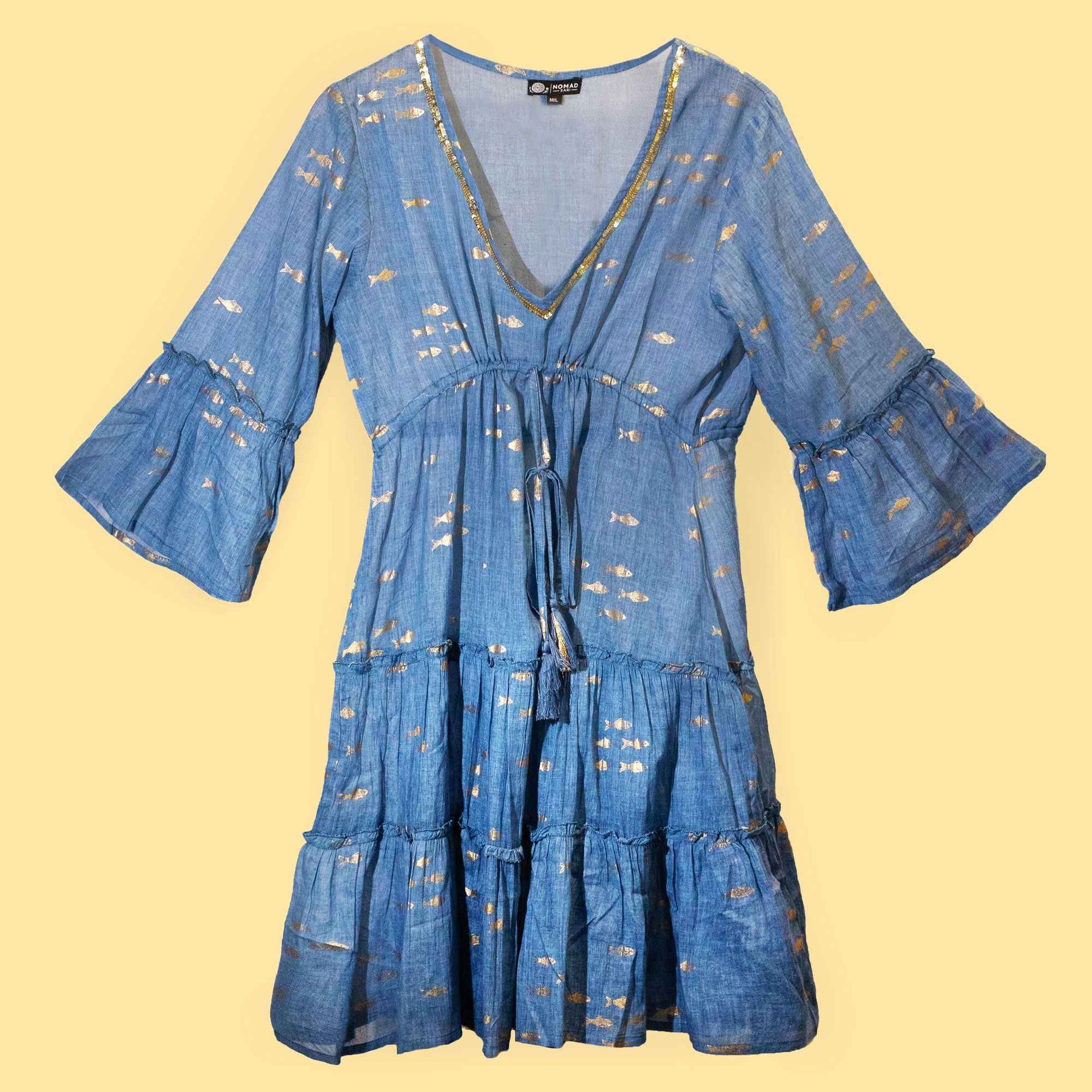 Vestido Nomad Sari Peixes Azul Dourado On the Med (M/G)