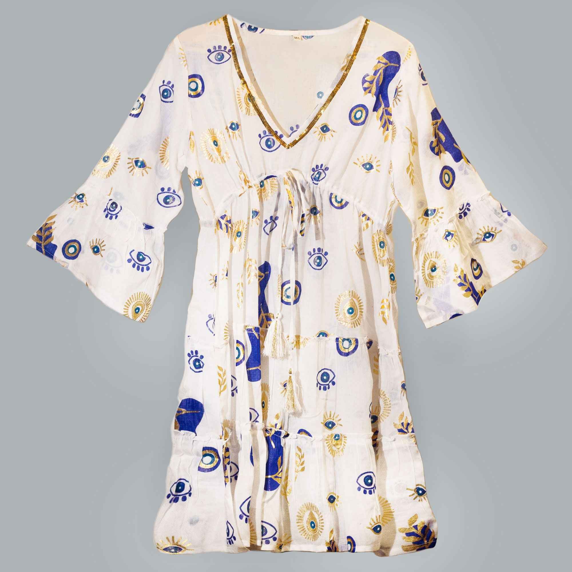 Vestido Nomad Sari Olho Grego – Branco, Azul e Dourado – Tamanho M/L