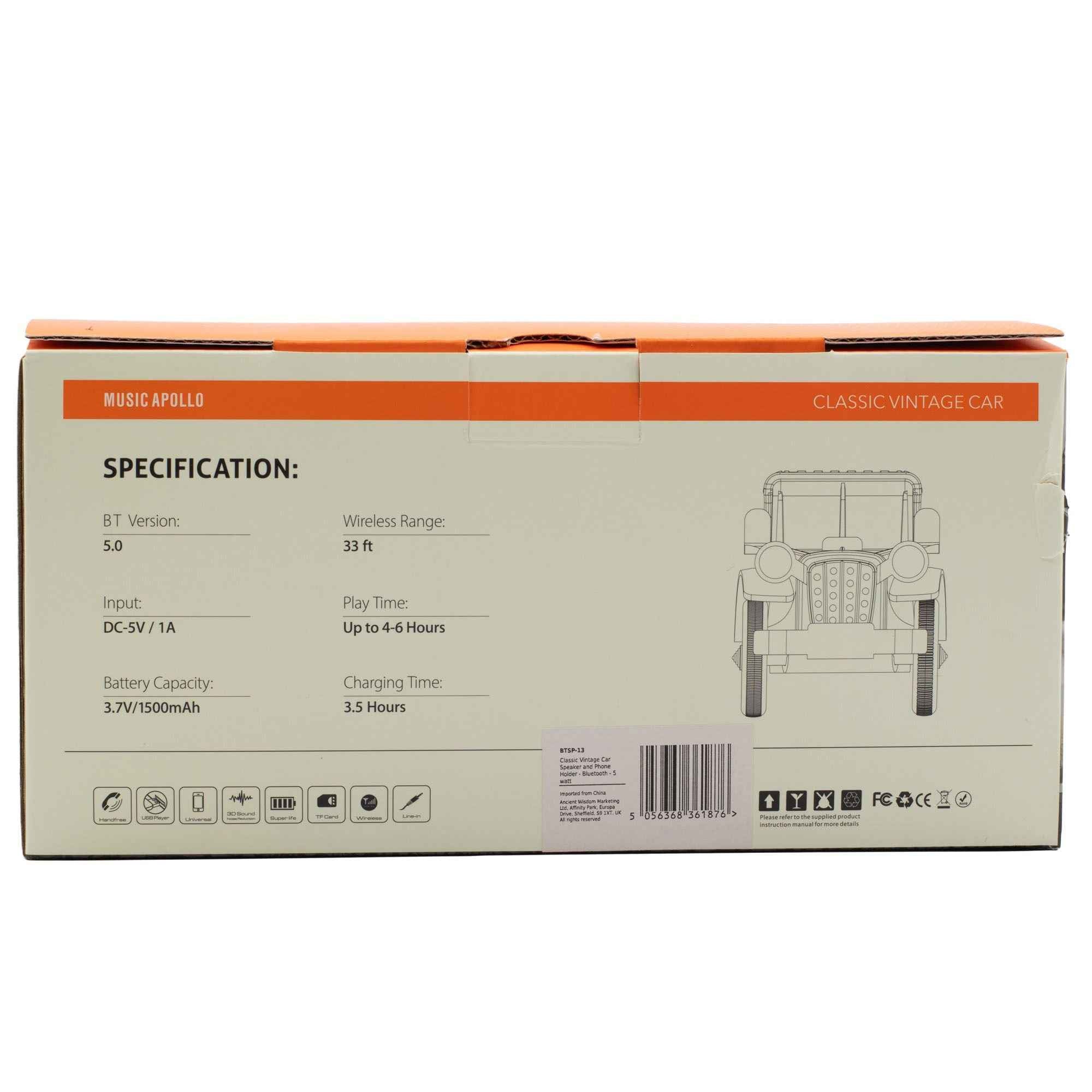 Altifalante e suporte para telemóvel clássicos para automóvel vintage - Bluetooth - 5 watts