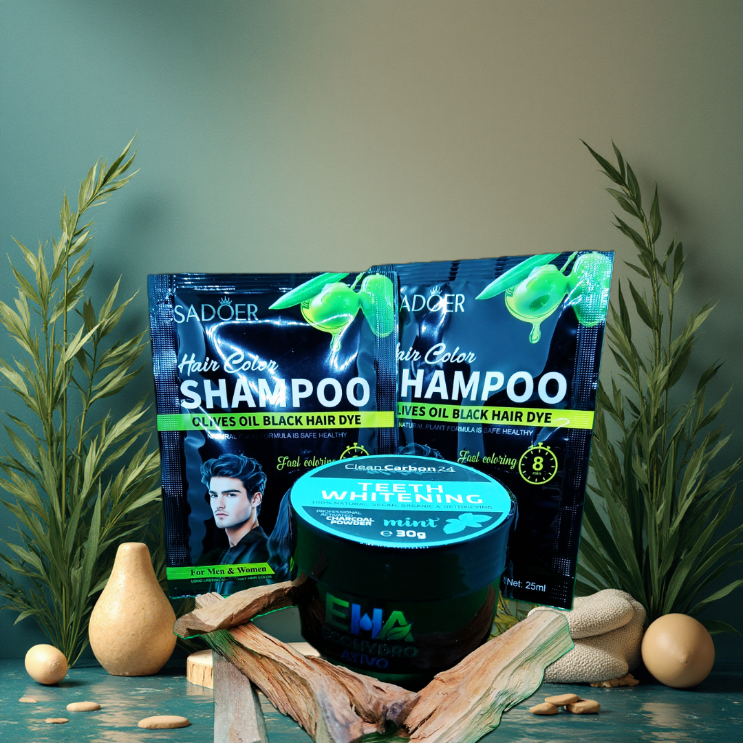 Carvão ativado puro, com sabor a limão ou menta, para branqueamento dentário + duas saquetas de champô natural