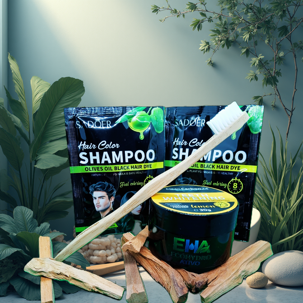 Caixa contendo 2 saquetas de champô com óleos naturais + 1 caixa de carvão ativado para branqueamento dentário com aroma a limão ou menta + 2 escovas de dentes em bambu.
