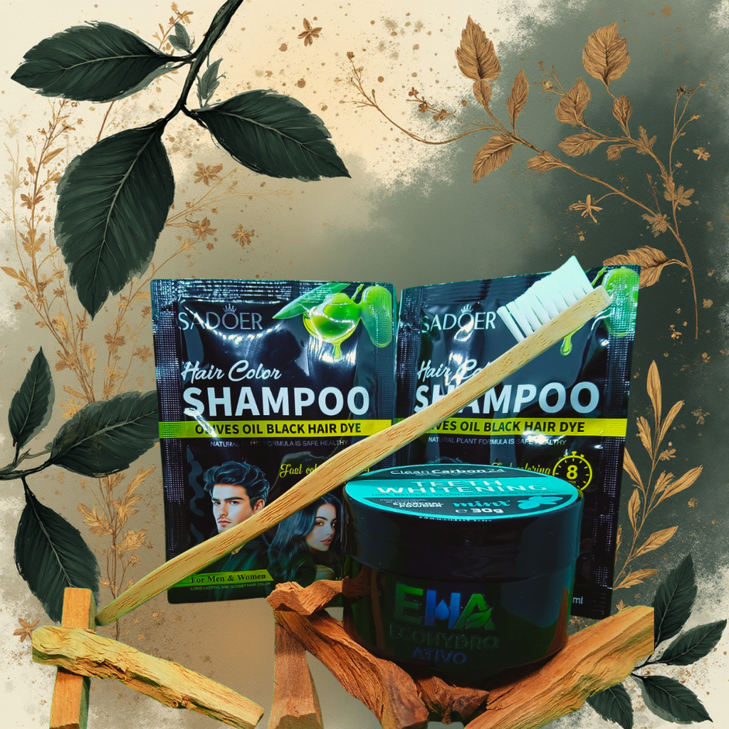 Caixa contendo 2 saquetas de champô com óleos naturais + 1 caixa de carvão ativado para branqueamento dentário com aroma a limão ou menta + 2 escovas de dentes em bambu.
